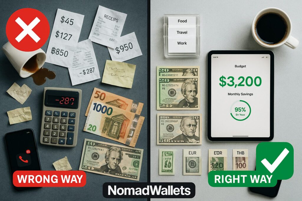 7 Best Digital Nomad Budget Tracking Apps for Multi-Currency Management (2025) 6 Before and after comparison of digital nomad budget tracking showing chaotic untracked expenses versus organized systematic tracking with clear savings dashboard
