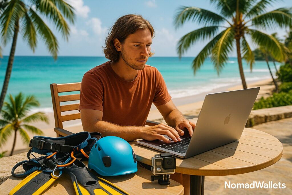 Adventure Sports Travel Insurance: Complete Coverage Guide for Active Nomads (2025) 5 Digital nomad working remotely with adventure sports equipment showing active nomad lifestyle