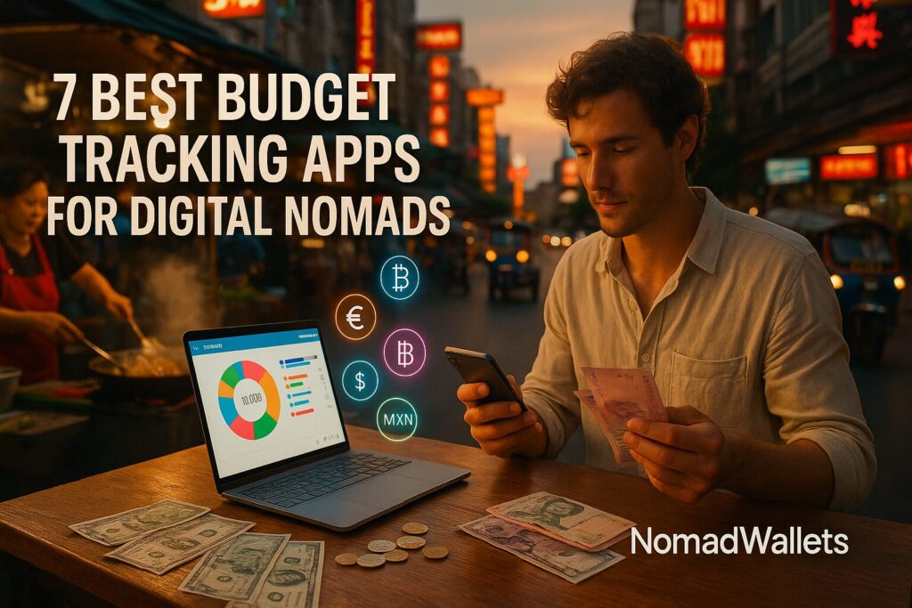 Digital nomad budget tracking multi currency expenses at Bangkok street food stall with budget app on laptop showing USD, EUR, THB currencies