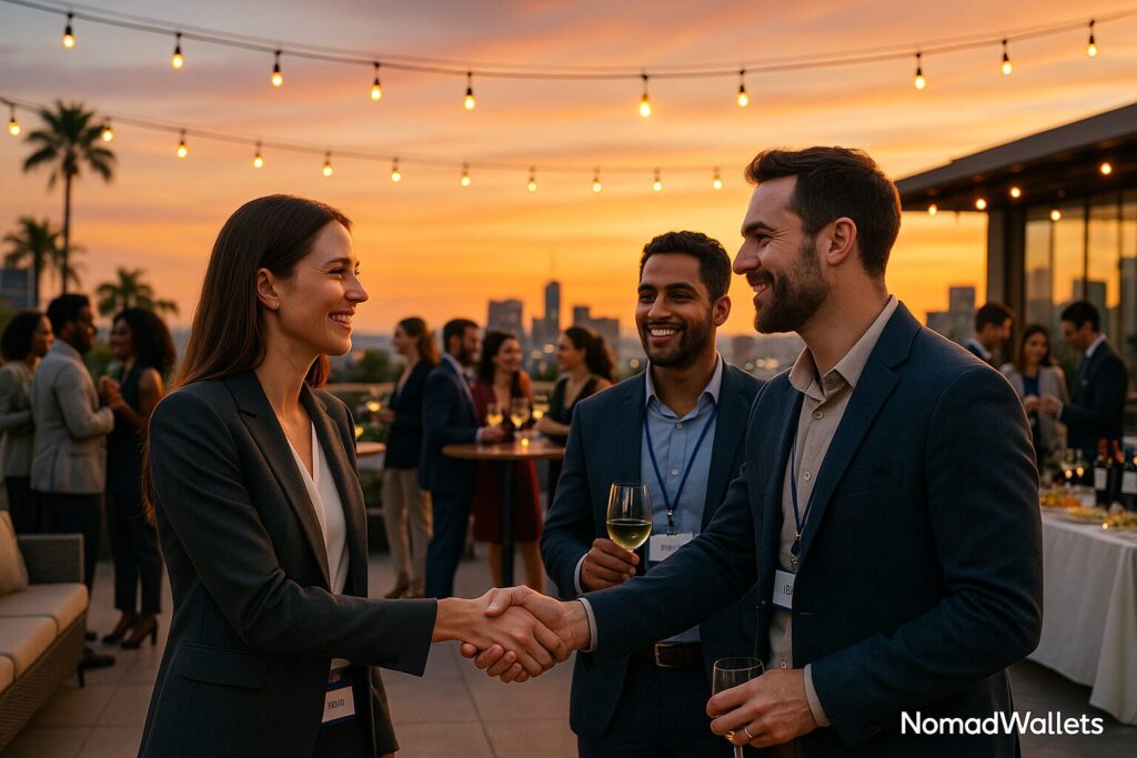 Digital Nomad Networking in 2025: Master Building Real Professional Connections Anywhere 4 Digital nomad networking event at sunset rooftop venue with professionals mingling and exchanging business cards