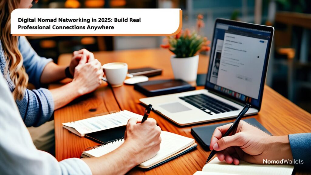 Digital Nomad Networking in 2025: Master Building Real Professional Connections Anywhere 4 Digital nomads networking at modern coworking space cafe with laptops and coffee discussing business collaborations