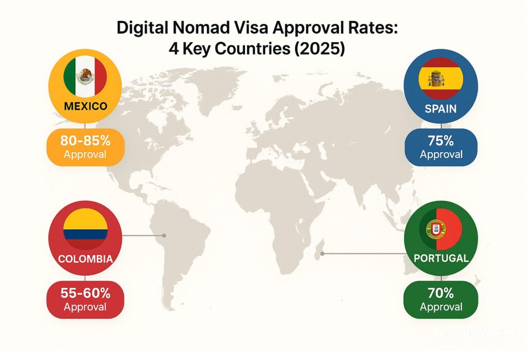 Nomad Visa Rejection: Common Reasons, 4 Countries & Proven Appeal Guide (2025) 5 World map showing digital nomad visa approval rates for 4 countries