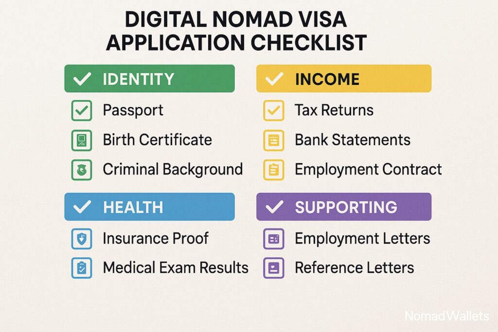 Nomad Visa Rejection: Common Reasons, 4 Countries & Proven Appeal Guide (2025) 7 Digital nomad visa application pre-submission checklist showing required documents
