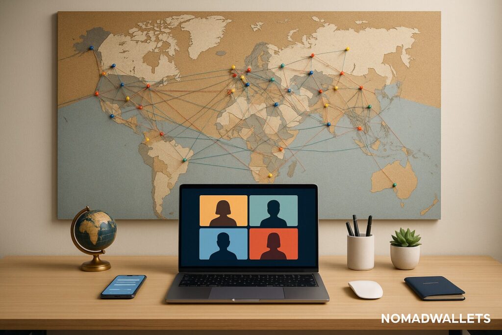 Digital Nomad Networking in 2025: Master Building Real Professional Connections Anywhere 6 World map showing connected network of digital nomad professionals across continents with technology and collaboration theme