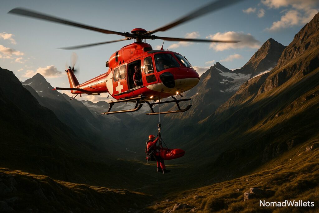 Adventure Sports Travel Insurance: Complete Coverage Guide for Active Nomads (2025) 8 Mountain rescue helicopter evacuation showing emergency medical transport covered by adventure insurance