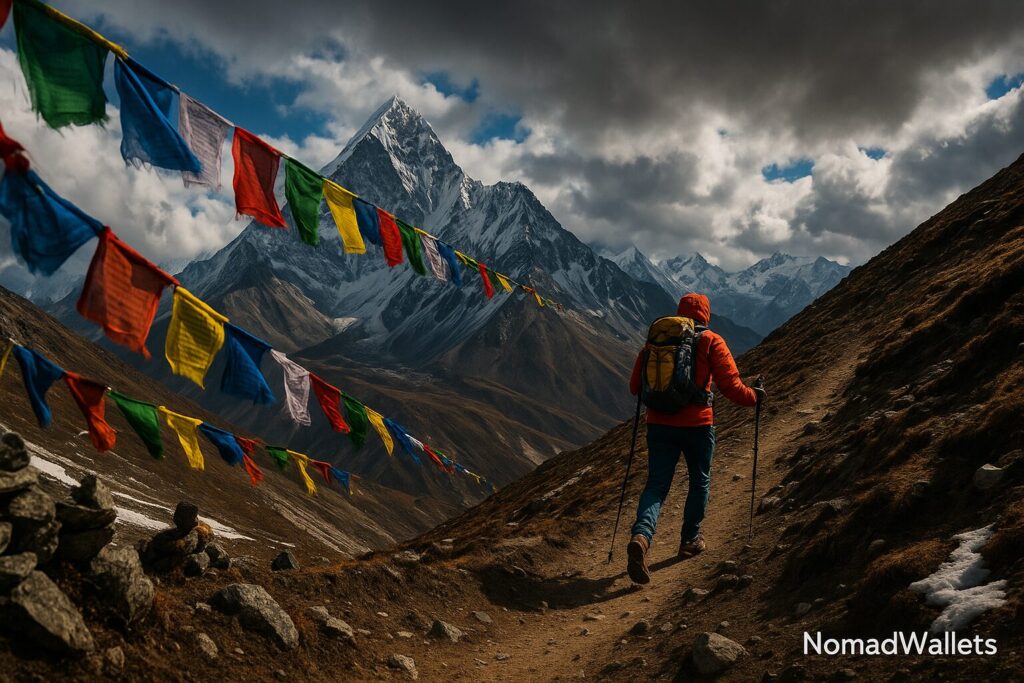 Adventure Sports Travel Insurance: Complete Coverage Guide for Active Nomads (2025) 3 Solo trekker at 4,500 meters altitude in Himalayas representing high-altitude travel insurance requirements