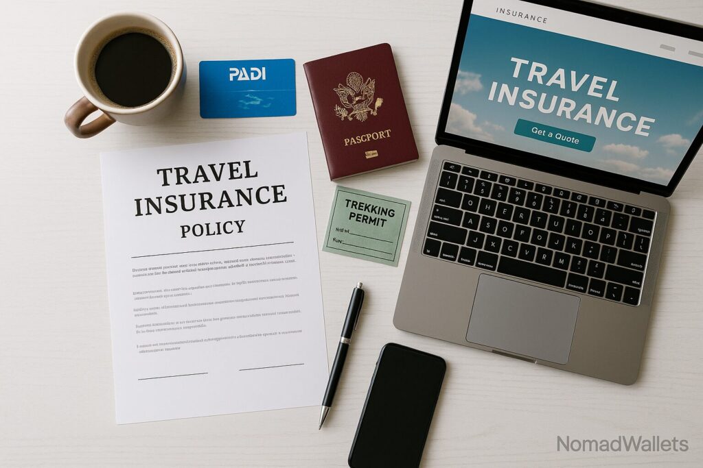 Adventure Sports Travel Insurance: Complete Coverage Guide for Active Nomads (2025) 9 Travel insurance policy certificate with PADI certification card and travel documents for verification