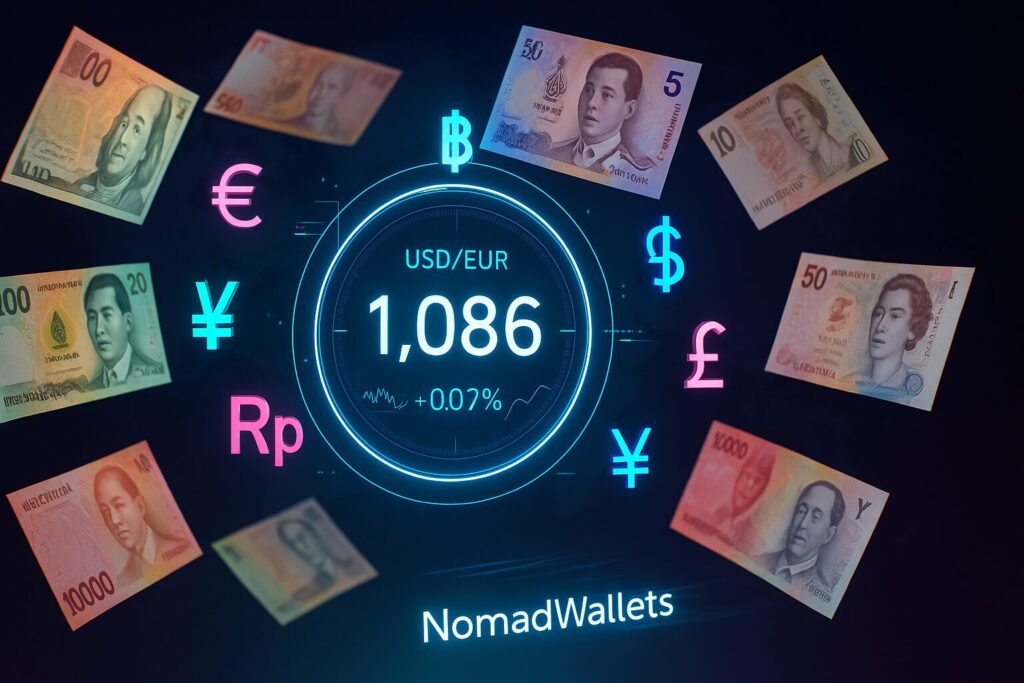 7 Best Digital Nomad Budget Tracking Apps for Multi-Currency Management (2025) 3 Multi-currency exchange visualization showing USD, EUR, THB, GBP, MXN, IDR, and JPY with real-time conversion rates for digital nomad budget tracking