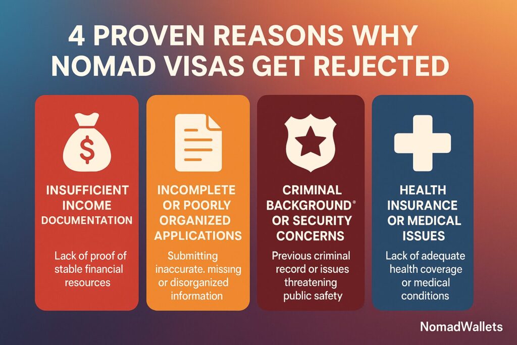 Nomad Visa Rejection: Common Reasons, 4 Countries & Proven Appeal Guide (2025) 2 Infographic showing 4 proven reasons for nomad visa rejection