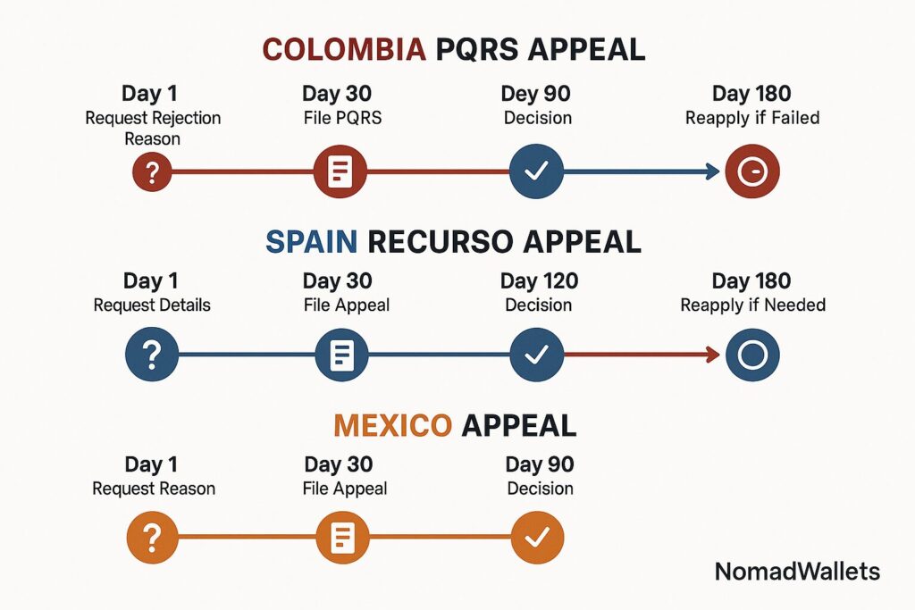 Nomad Visa Rejection: Common Reasons, 4 Countries & Proven Appeal Guide (2025) 8 Nomad visa appeal process timeline comparison showing countries