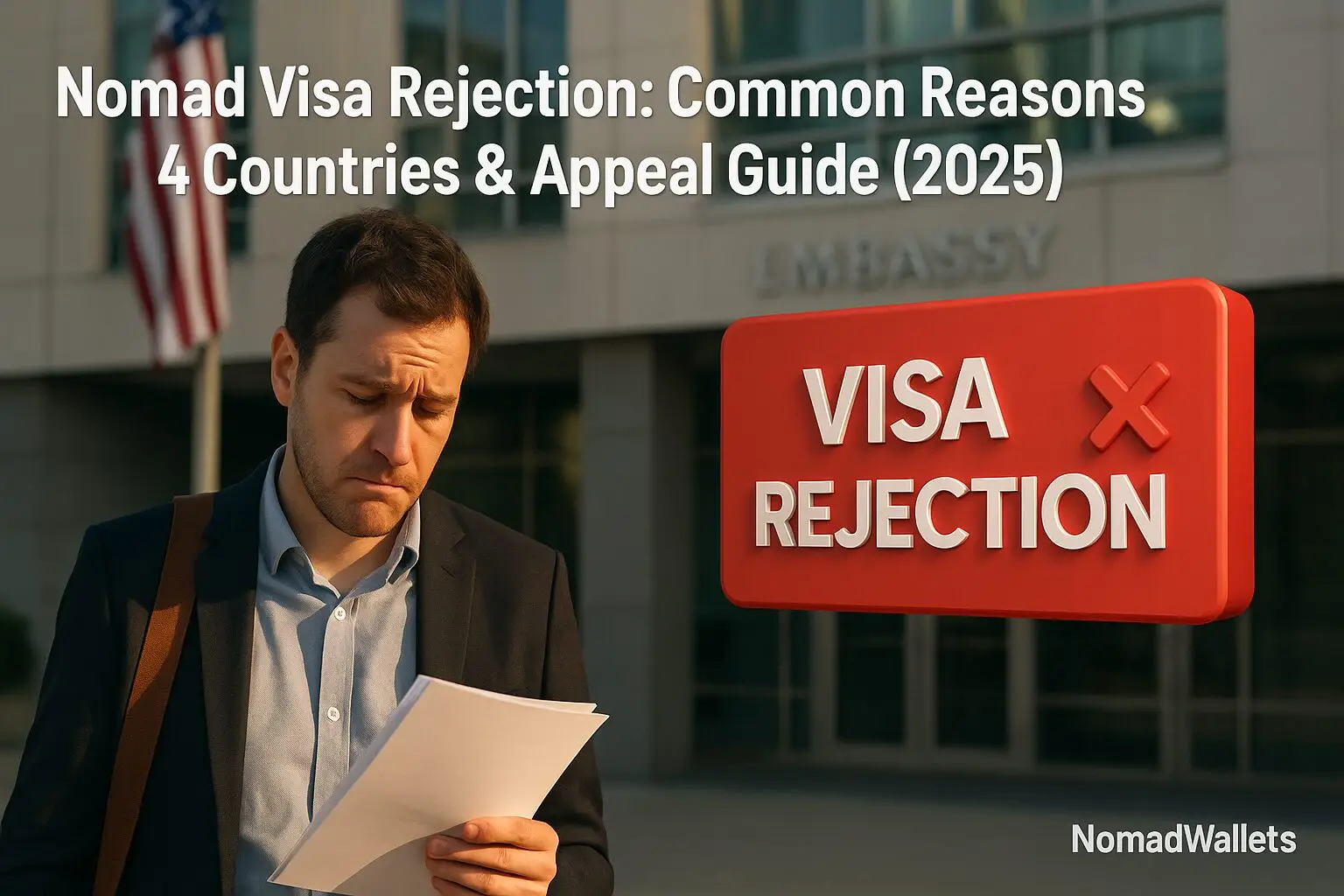 Hero image for nomad visa rejection guide featuring confident digital nomad with approved visa and world map showing 4 countries