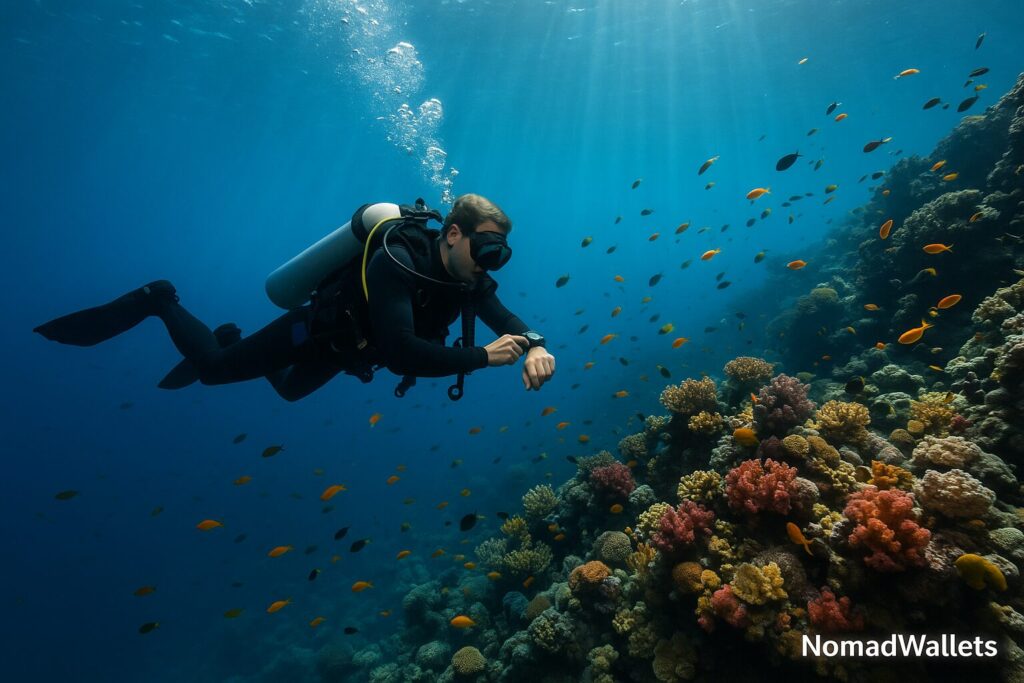 Adventure Sports Travel Insurance: Complete Coverage Guide for Active Nomads (2025) 2 Scuba diver underwater checking dive computer showing depth limits for travel insurance coverage