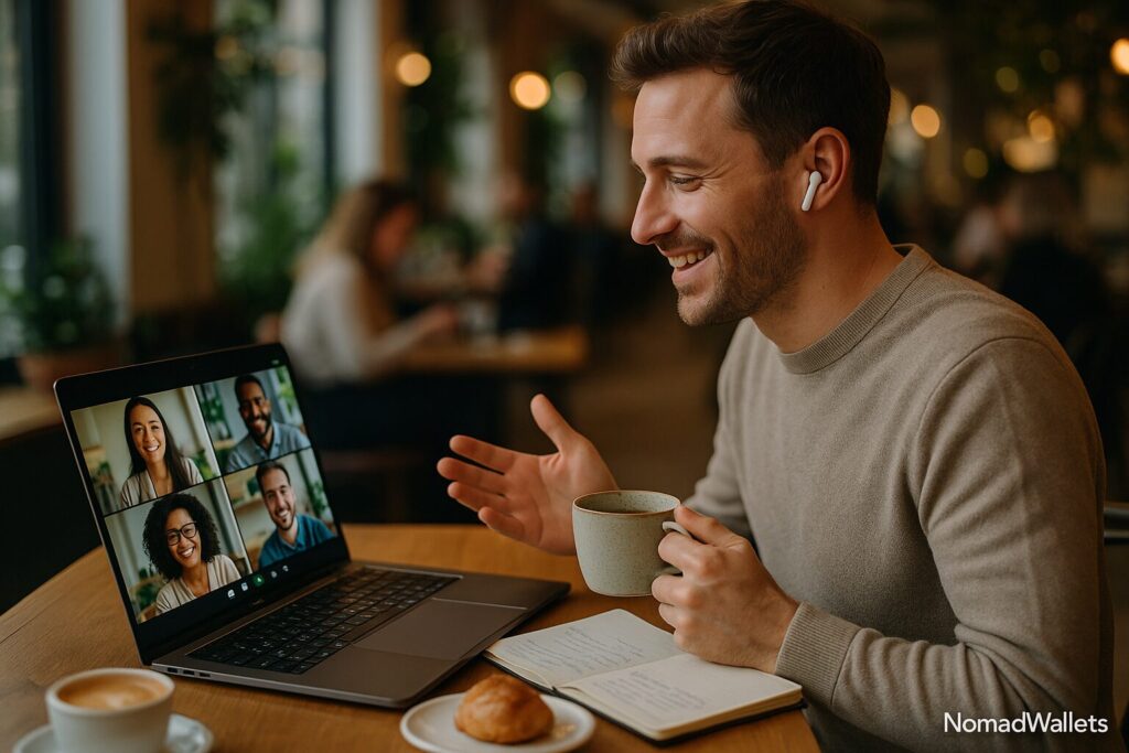 Digital Nomad Networking in 2025: Master Building Real Professional Connections Anywhere 5 Digital nomad on video conference call having virtual coffee chat with professional connections from laptop at cafe