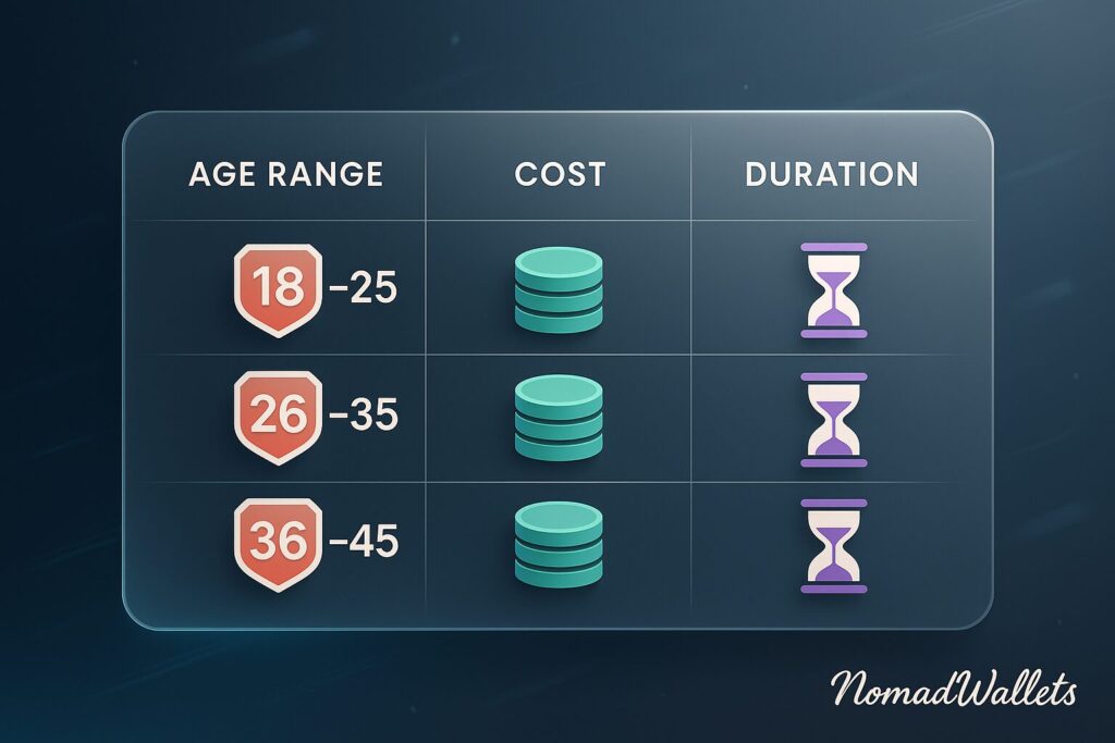 Abstract infographic table with icons showing age, cost, and duration for working holiday visas.