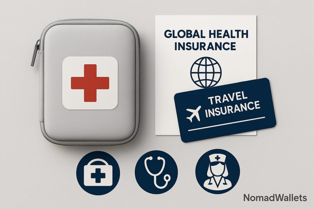 Health insurance and first aid kit for travelers abroad.