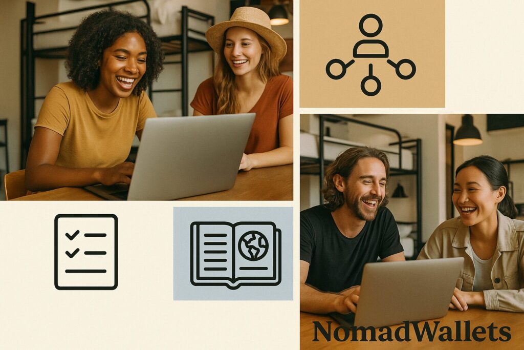 Digital nomads networking and sharing working holiday experiences.