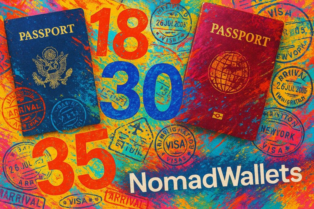 Collage of global passports, age limits, and travel stamps representing working holiday eligibility.