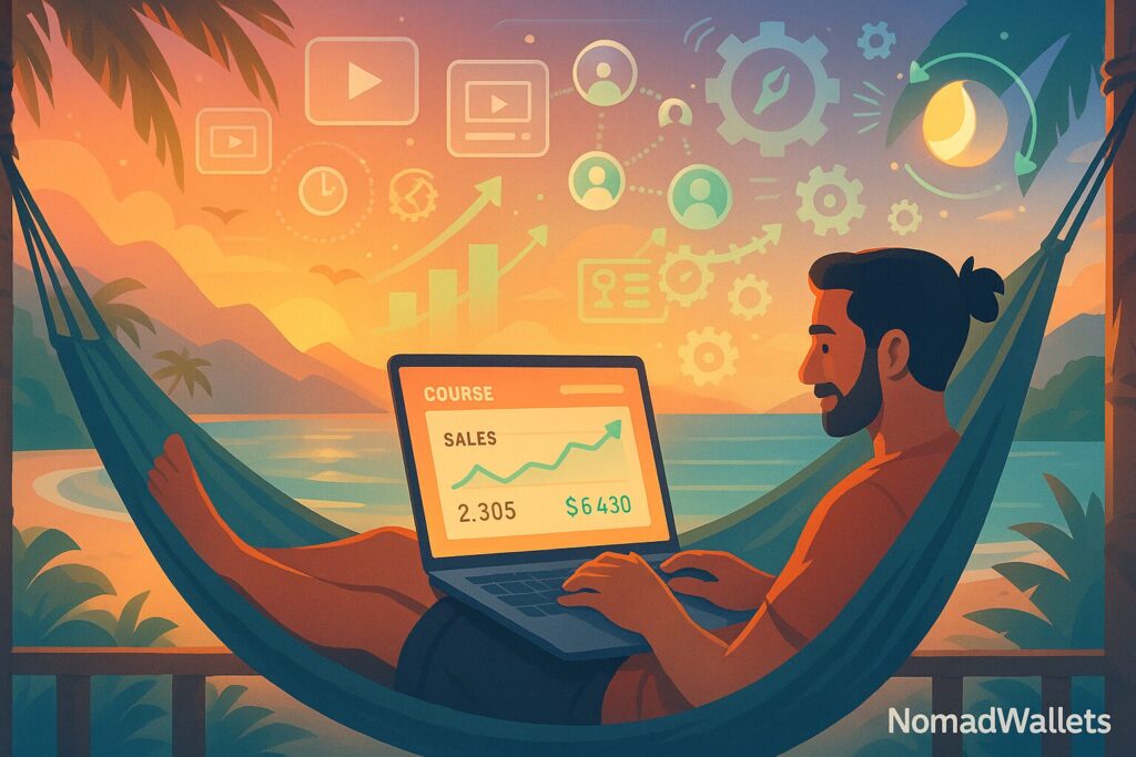 Online course creator earning passive licensing income while traveling digital nomad