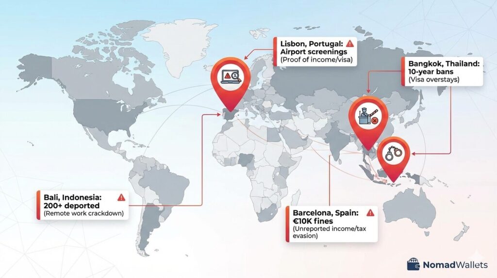 Remote Work Visas vs Tourist Visas: The Ultimate 2026 Guide to Legal Employment Abroad 3 World map showing 2024-2025 digital nomad enforcement cases in Indonesia, Portugal, Thailand and Spain