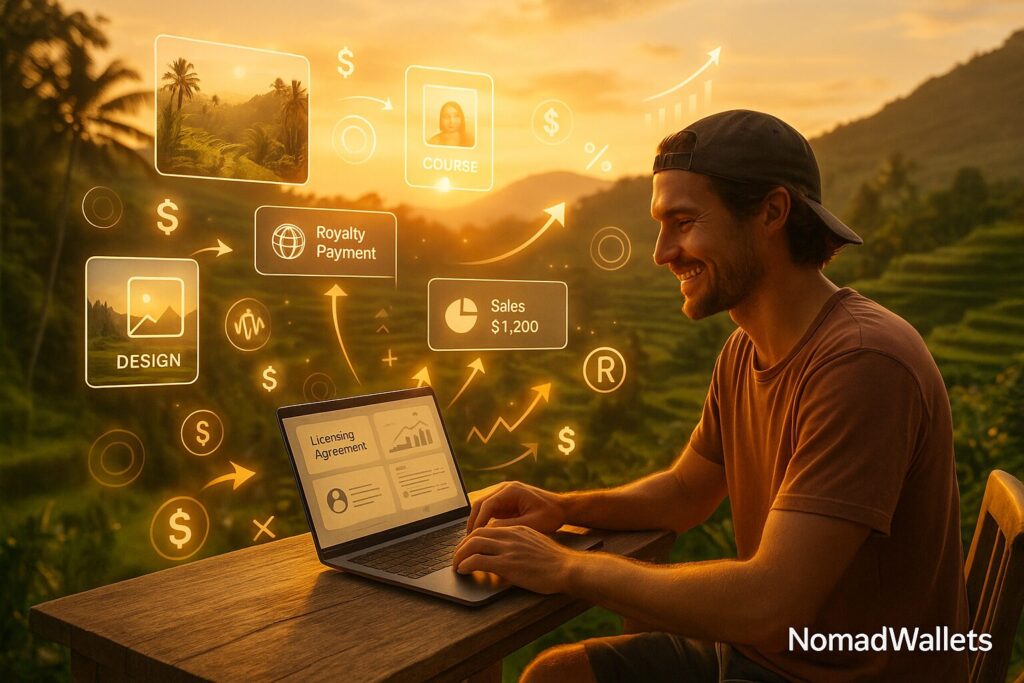 Creative nomad earning passive IP licensing income location independent success