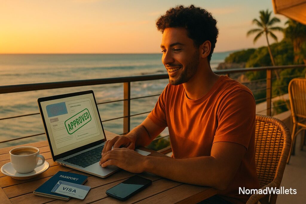 Remote Work Visas vs Tourist Visas: The Ultimate 2026 Guide to Legal Employment Abroad 8 Digital nomad successfully working abroad with approved remote work visa at coastal location