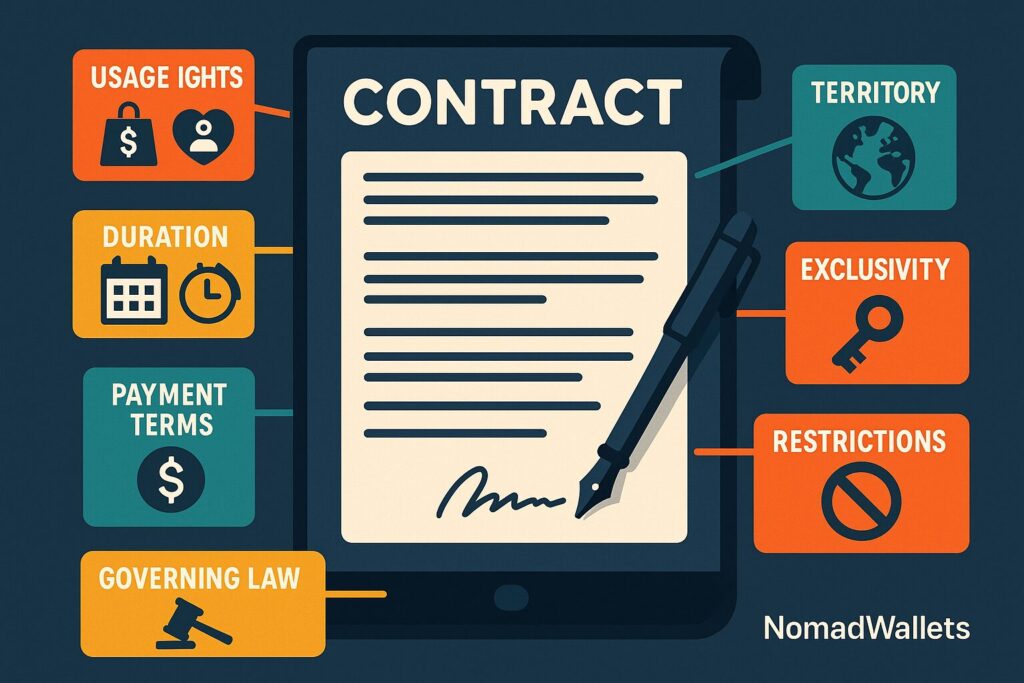 Essential licensing agreement contract elements IP rights duration territory usage scope