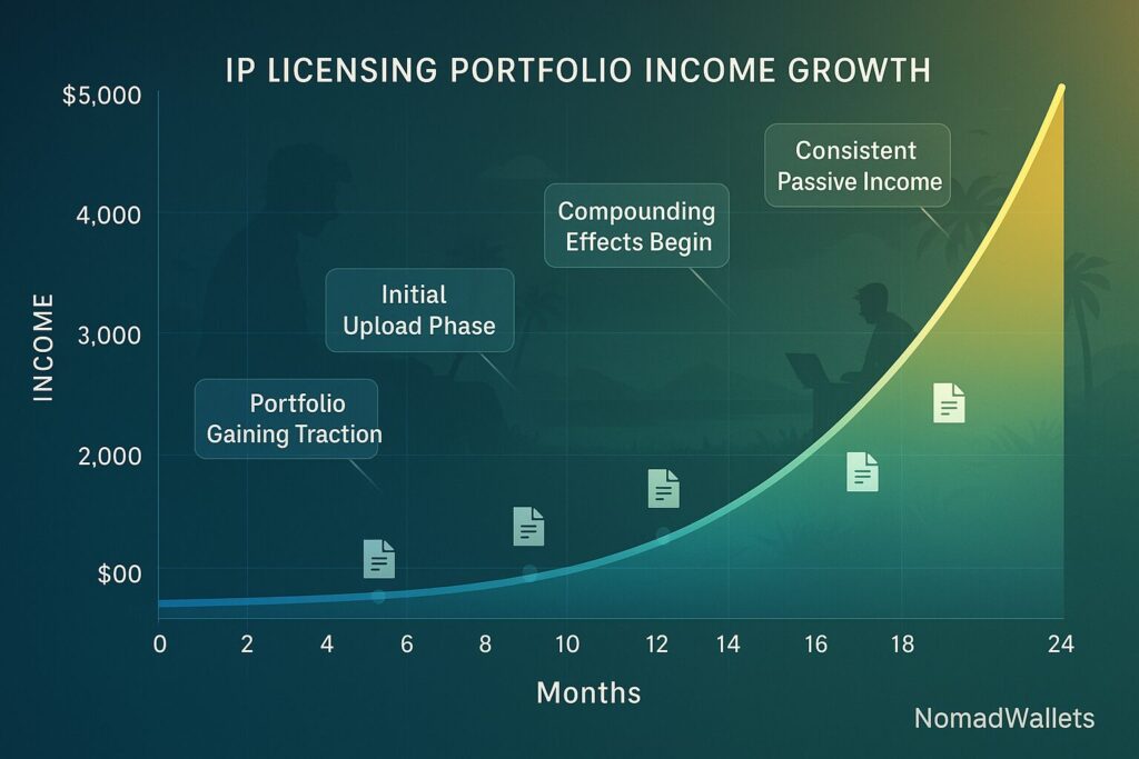 IP licensing passive income growth timeline 24 months realistic earnings progression
