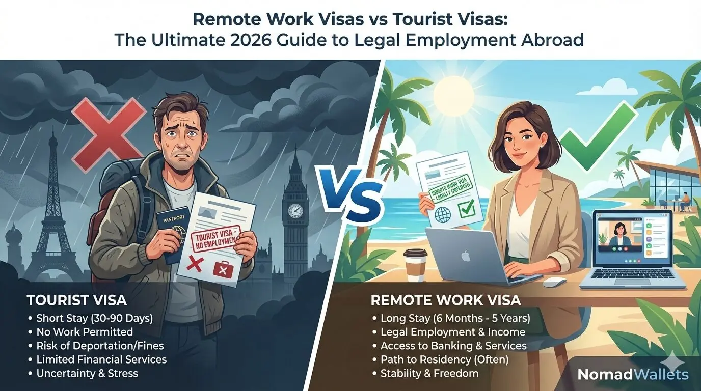 Remote work visas vs tourist visas comparison illustration showing legal and illegal work scenarios for digital nomads