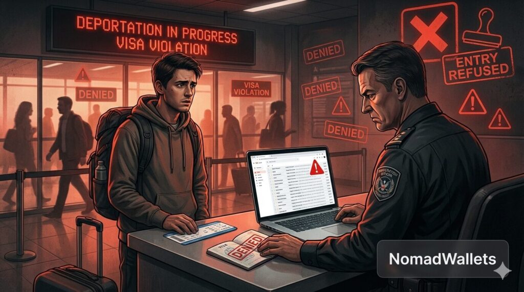 Remote Work Visas vs Tourist Visas: The Ultimate 2026 Guide to Legal Employment Abroad 2 Immigration officer checking laptop for unauthorized remote work on tourist visa at airport checkpoint