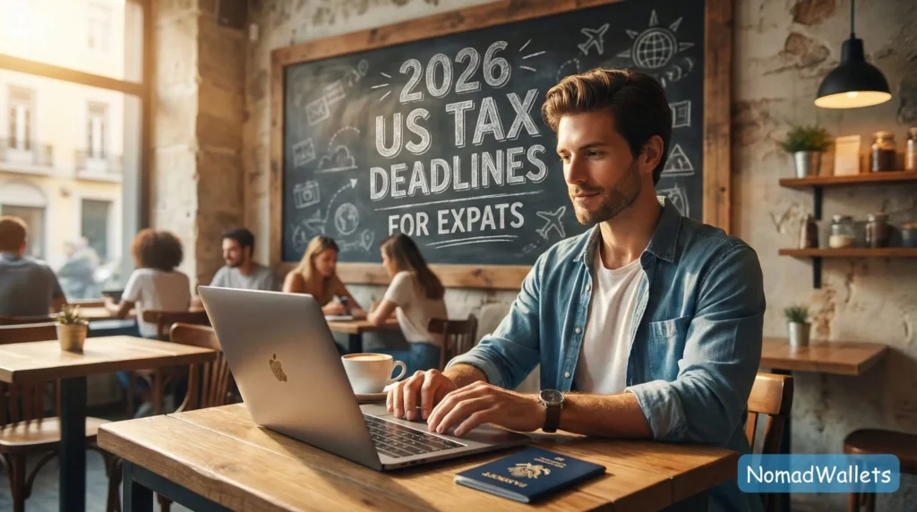 2026 US Tax Deadlines for Expats: Avoid Costly Penalties (Critical Guide) 3 A digital nomad working on a laptop in a cafe with "2026 US Tax Deadlines for Expats" written on a chalkboard behind them.