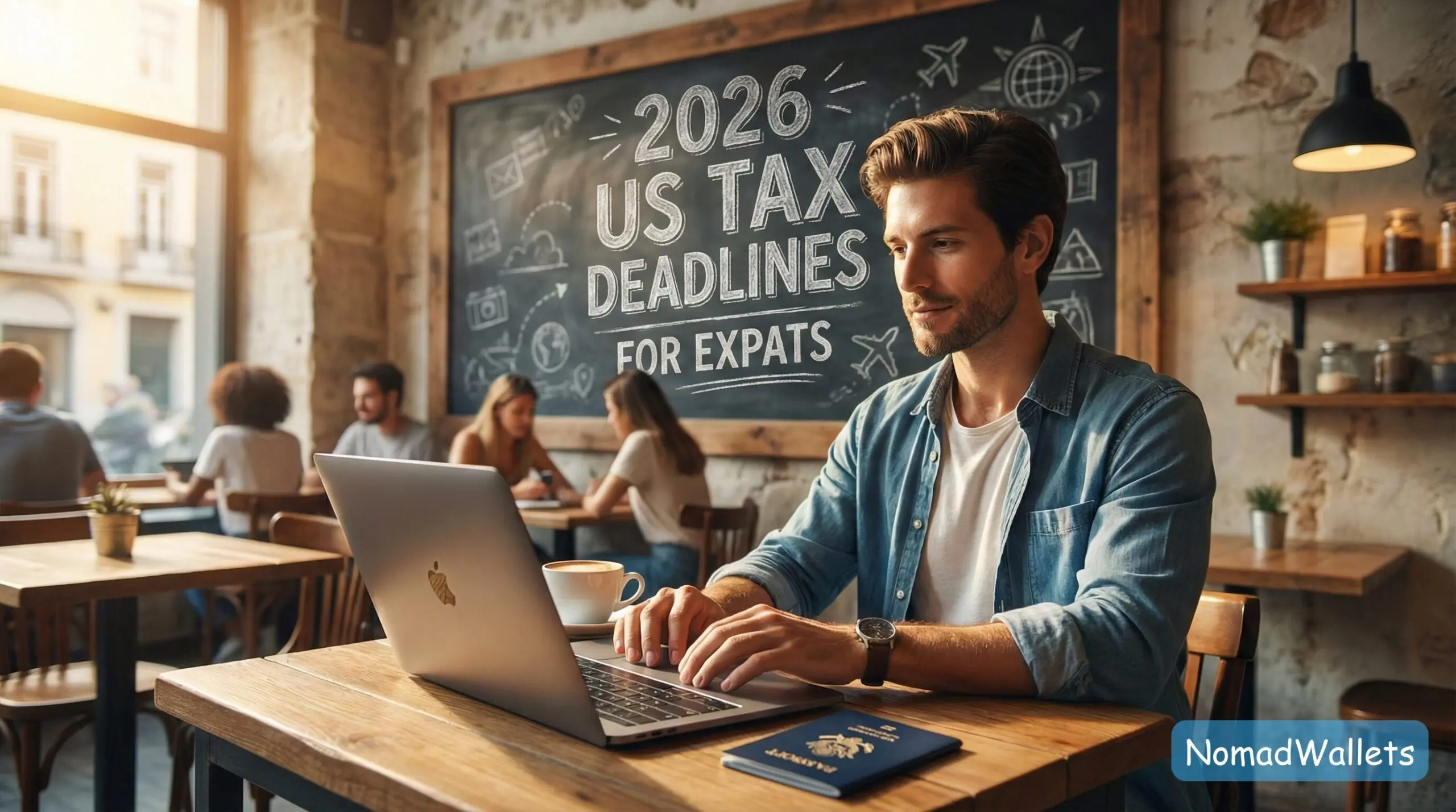 A digital nomad working on a laptop in a cafe with "2026 US Tax Deadlines for Expats" written on a chalkboard behind them.