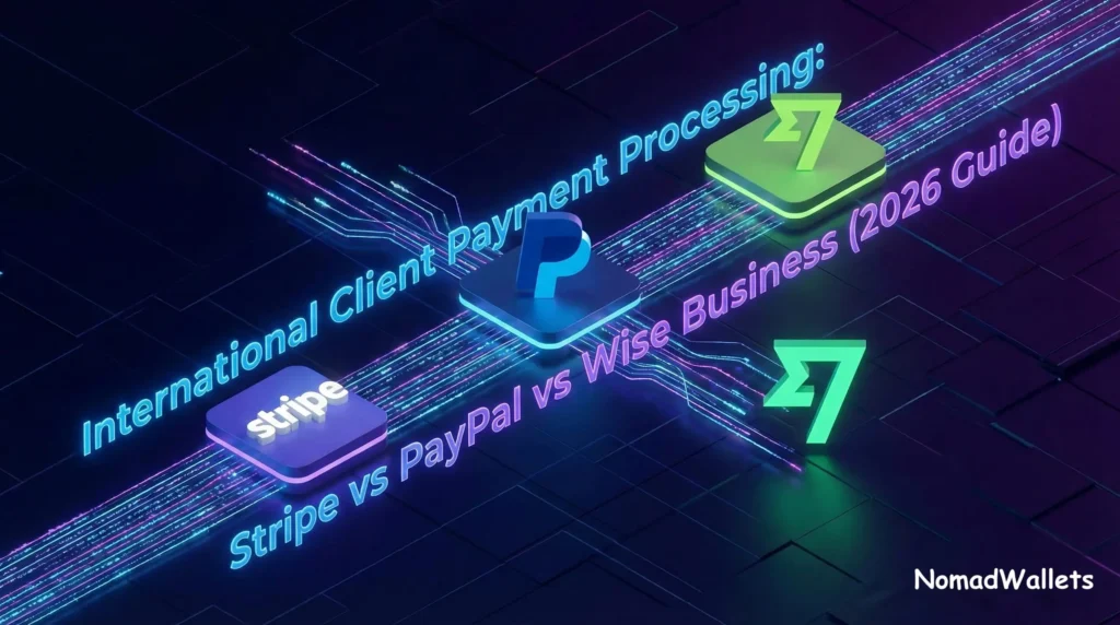 International Client Payment Processing: Stripe vs PayPal vs Wise (2026 Expert Guide) 1 A futuristic digital landscape with glowing data streams connecting the Stripe, PayPal, and Wise logos, with the title "International Client Payment Processing: Stripe vs PayPal vs Wise Business (2026 Guide)" flowing around them. The "NomadWallets" brand is at the bottom right.