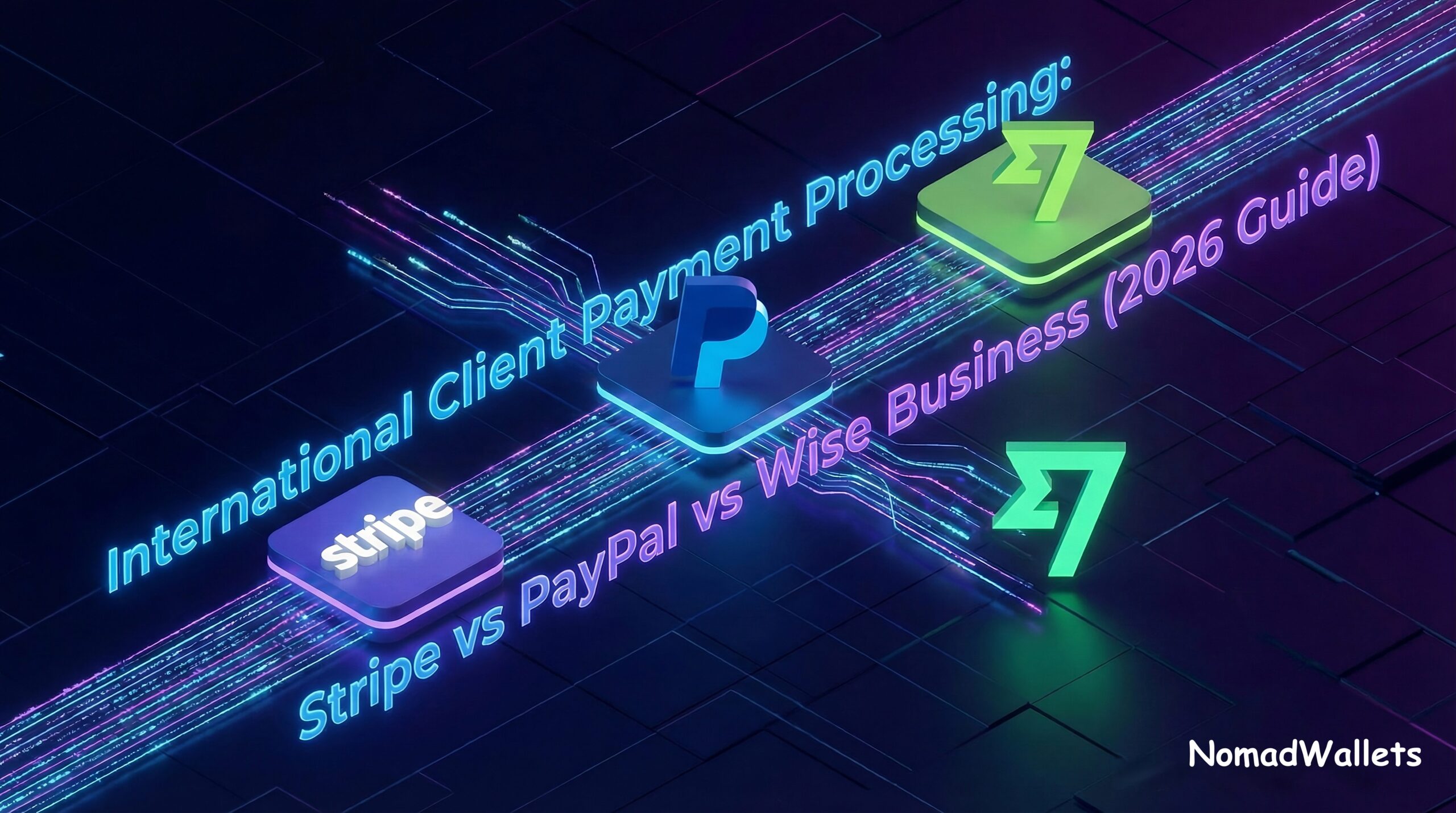 A futuristic digital landscape with glowing data streams connecting the Stripe, PayPal, and Wise logos, with the title "International Client Payment Processing: Stripe vs PayPal vs Wise Business (2026 Guide)" flowing around them. The "NomadWallets" brand is at the bottom right.