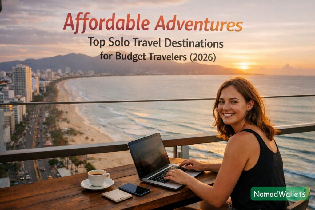 A solo digital nomad working on a laptop from a balcony overlooking a coastal city at sunset, with the title "Affordable Adventures: Top Solo Travel Destinations for Budget Travelers (2026)" integrated into the scene.