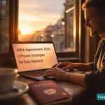 AIMA Appointment 2026: 3 Proven Strategies for Easy Approval 3 A hopeful digital nomad in a Lisbon cafe looking at a glowing laptop screen displaying the article title "AIMA Appointment 2026: 3 Proven Strategies for Easy Approval".