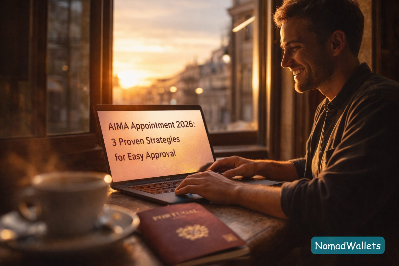 A hopeful digital nomad in a Lisbon cafe looking at a glowing laptop screen displaying the article title "AIMA Appointment 2026: 3 Proven Strategies for Easy Approval".