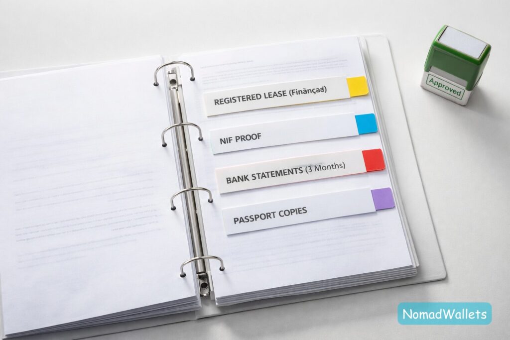 A meticulously organized flat-lay of all required documents for Portuguese residency, labeled with tabs, ready for the appointment.