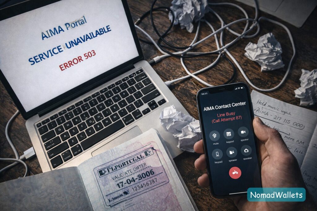 A split composition showing the frustration of trying to book an AIMA appointment online versus calling the busy phone line.