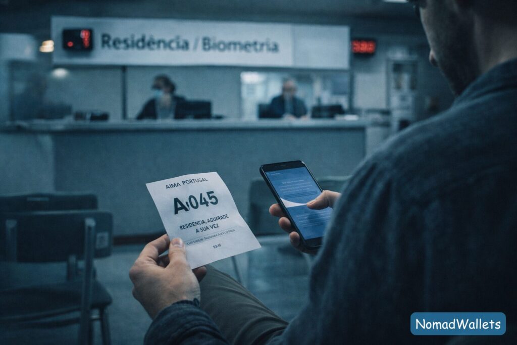 A cinematic shot of a waiting room in a Portuguese government office, illustrating the long delays for AIMA residency appointments.