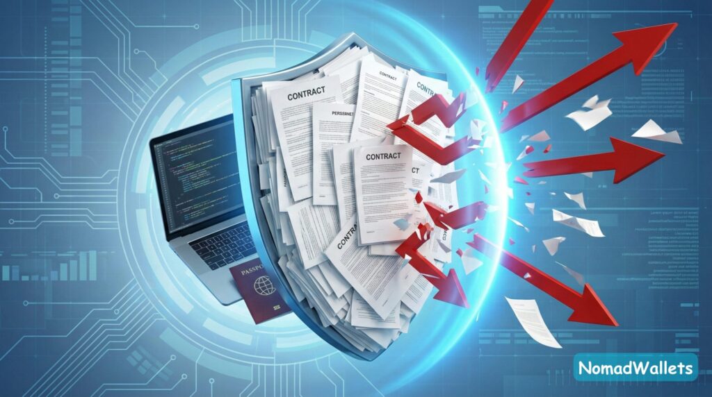 A 3D shield made of documents protecting against audit arrows.