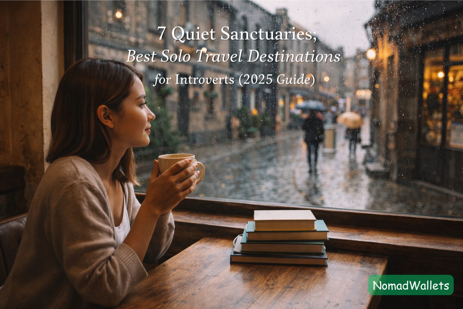 A solo female traveler reading a book in a cozy, quiet cafe with a view, with the title "7 Quiet Sanctuaries: Best Solo Travel Destinations for Introverts (2026 Guide)" integrated.
