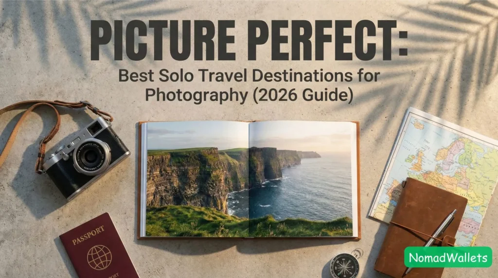 A top-down shot of a photographer's desk with a camera, lenses, and a laptop displaying the title "Picture Perfect: Best Solo Travel Destinations for Photography (2026 Guide)