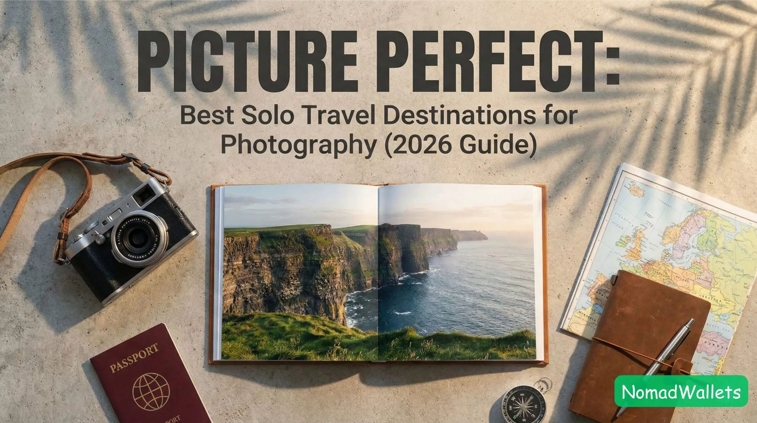 A top-down shot of a photographer's desk with a camera, lenses, and a laptop displaying the title "Picture Perfect: Best Solo Travel Destinations for Photography (2026 Guide)