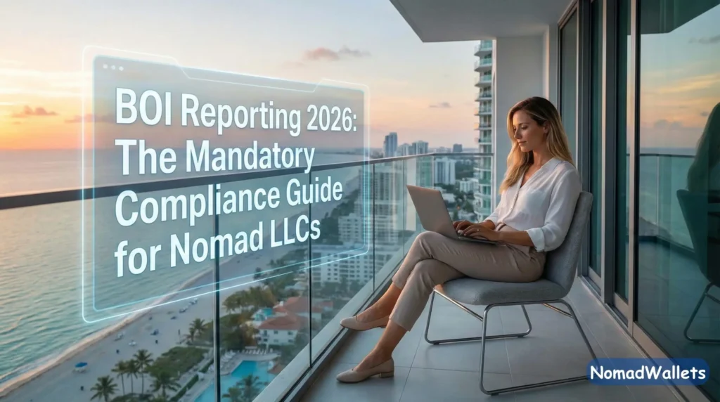 BOI Reporting 2026: The Mandatory Compliance Guide for Nomad LLCs (Avoid the $591/Day Fine) 6 A digital nomad woman working on a high-rise balcony with a holographic title overlay reading "BOI Reporting 2026: The Mandatory Compliance Guide for Nomad LLCs.