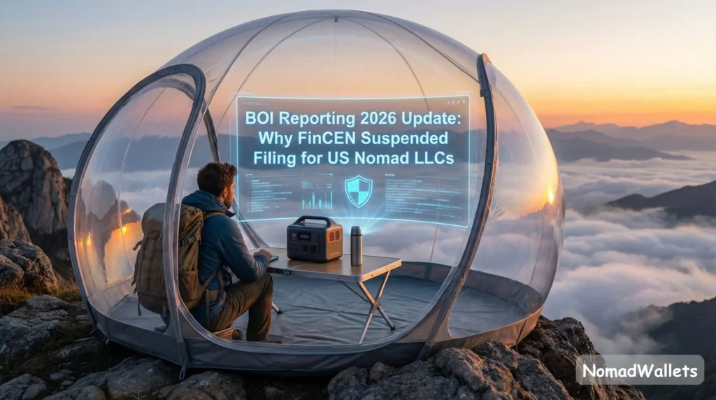 BOI Reporting 2026 Update: Why FinCEN Suspended Filing for US Nomad LLCs 5 A digital nomad workspace on a tropical balcony at sunset, featuring a laptop displaying the title "BOI Reporting 2026 Update: Why FinCEN Suspended Filing for US Nomad LLCs.