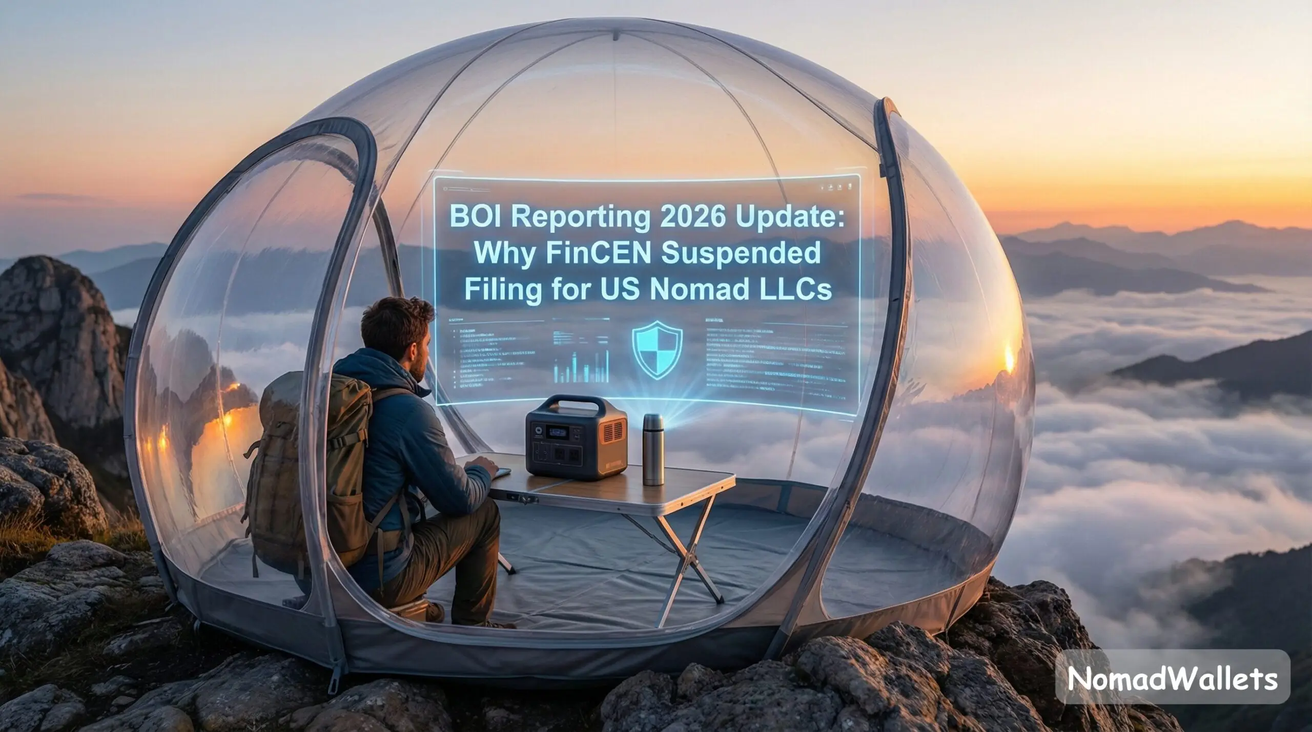 A digital nomad workspace on a tropical balcony at sunset, featuring a laptop displaying the title "BOI Reporting 2026 Update: Why FinCEN Suspended Filing for US Nomad LLCs.