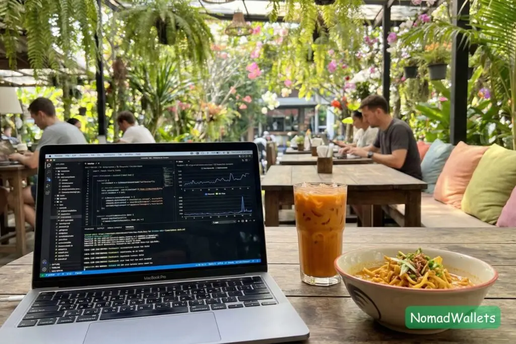 The Ultimate List of Best Solo Travel Destinations for Digital Nomads (2026) 9 A vibrant scene of a digital nomad working in an open-air tropical cafe in Chiang Mai with a delicious iced coffee and lush greenery.