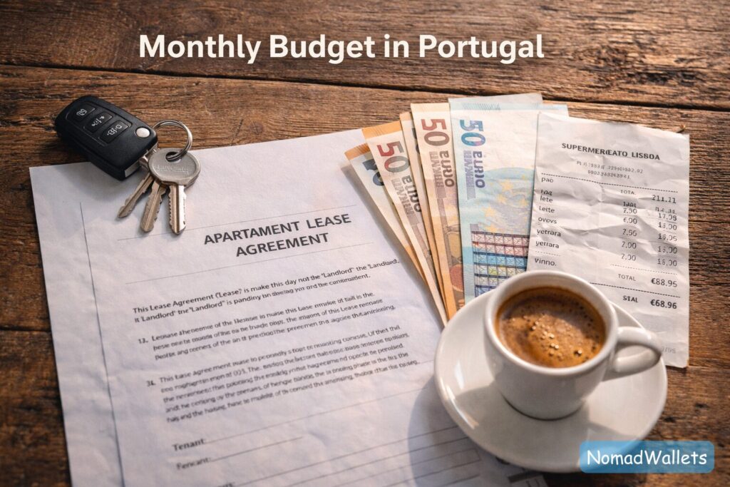 A flat lay composition of apartment keys, money, and coffee, representing the realistic monthly budget for living in Portugal in 2026.