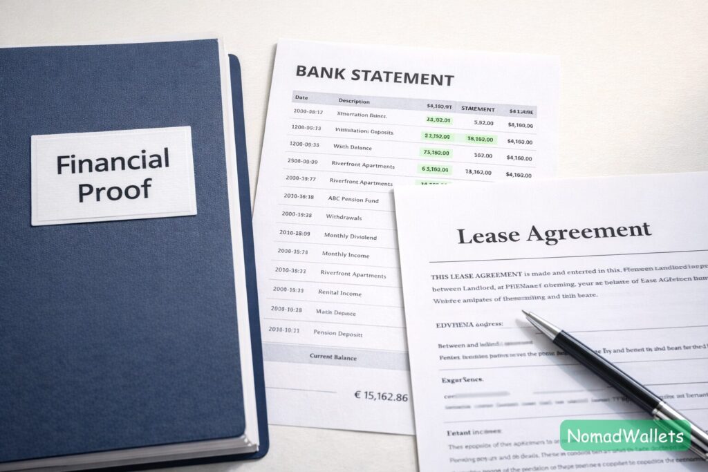 A neat stack of visa documents including bank statements and a lease agreement.