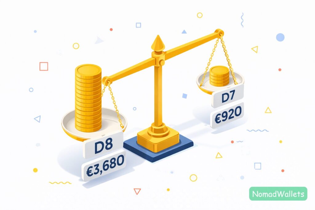 A visual weight scale comparing the heavy income requirement of D8 vs the light requirement of D7.